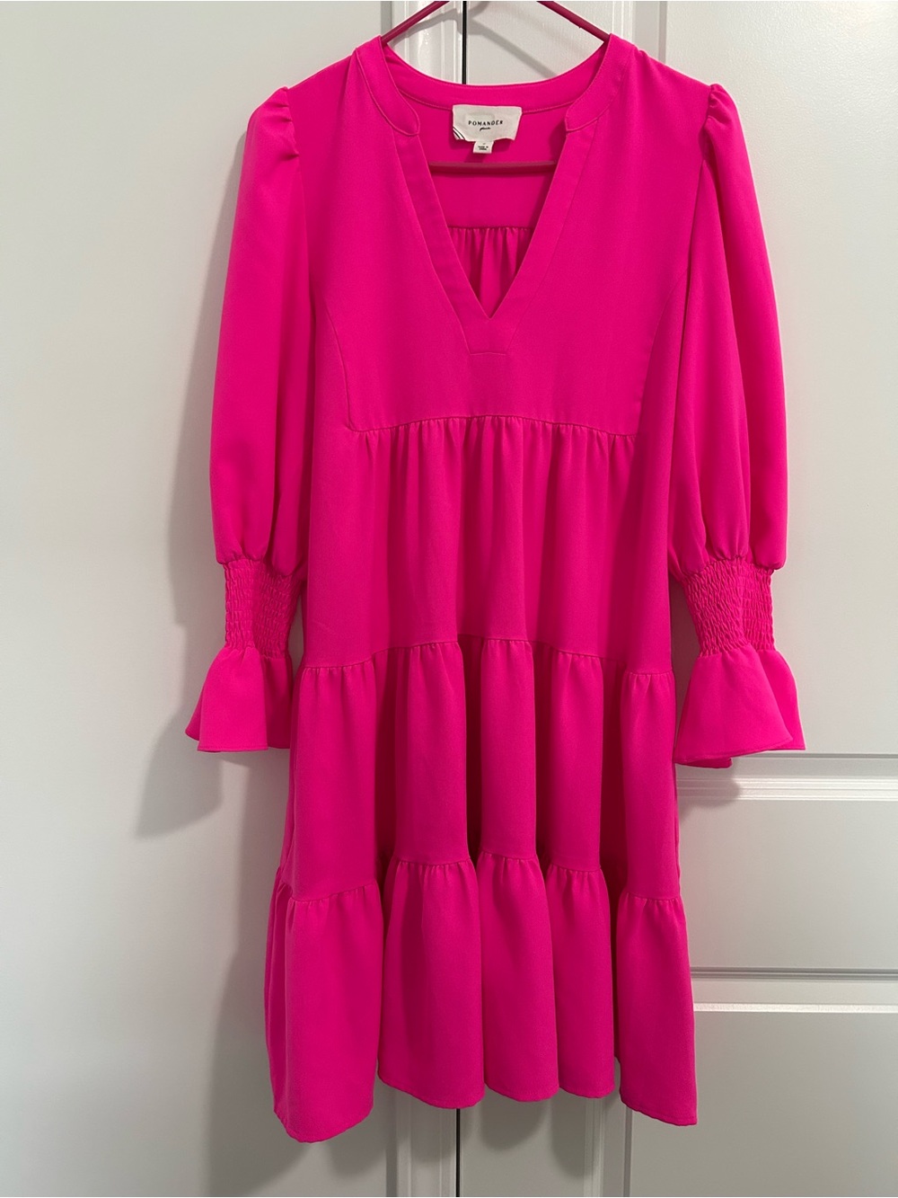 Pomander Place Hot Pink Tiered V-Neck Smocked Cuff Dress